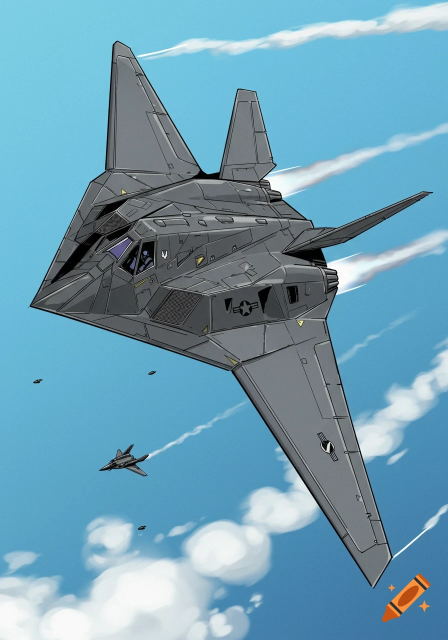 Manga style illustration of a grey stealth aircraft, similar to an F-117, flying in a blue sky with clouds and smaller planes.