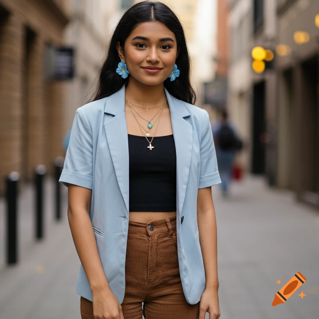 A photorealistic image of a woman in a light blue blazer, black crop top, brown corduroy pants, and blue flower earrings, standing on a city street.