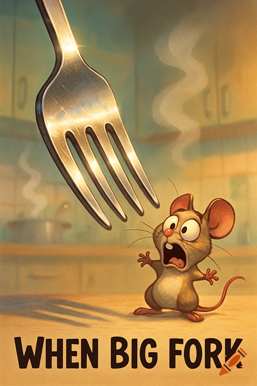 A cartoon mouse screams in fear as a giant fork looms over it on a kitchen counter, with the caption 'WHEN BIG FORK'.