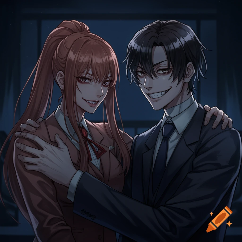 An anime-style illustration depicts a woman with long red hair and a man with dark hair, both with sinister grins and red eyes, standing close together in dark suits.