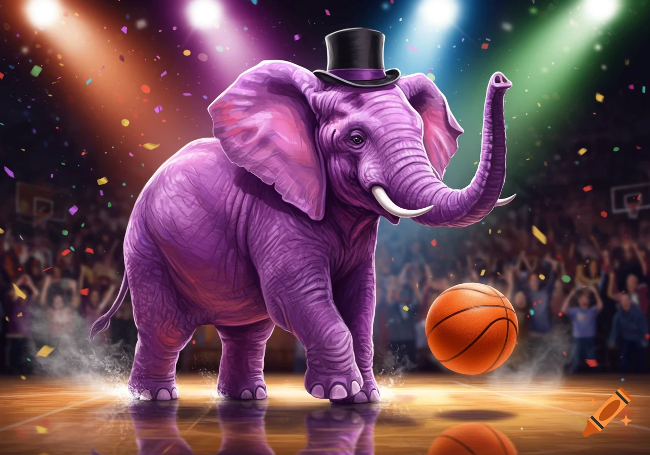 A purple elephant wearing a top hat plays basketball on a court, surrounded by confetti and a blurred crowd in a brightly lit arena.