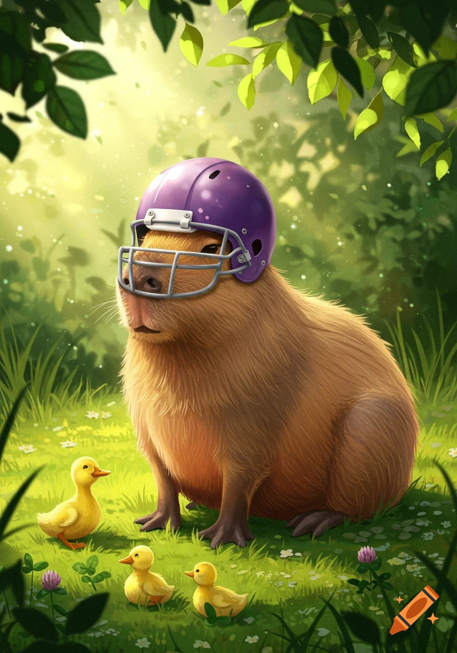 A cute capybara wearing a purple football helmet sits in a grassy field with three small yellow ducklings.