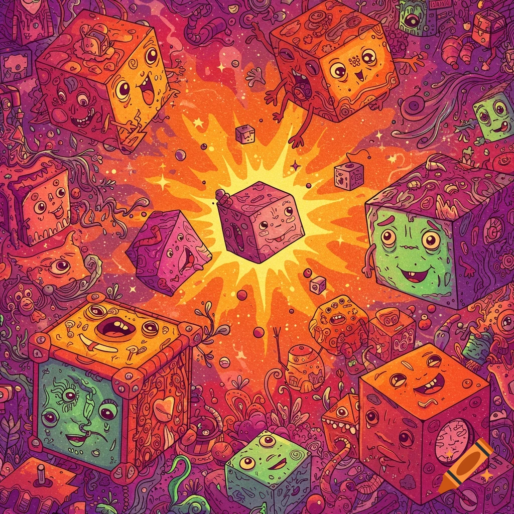 Vibrant, detailed doodle art illustration with colorful, anthropomorphic cubes with goofy faces in a psychedelic, starry background.
