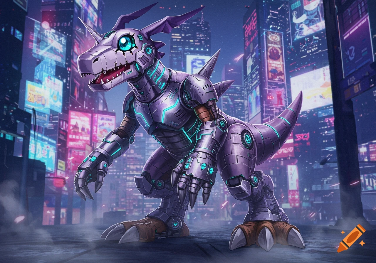A purple and silver cyborg dinosaur-like creature with glowing blue accents stands in a futuristic cyberpunk city at night.