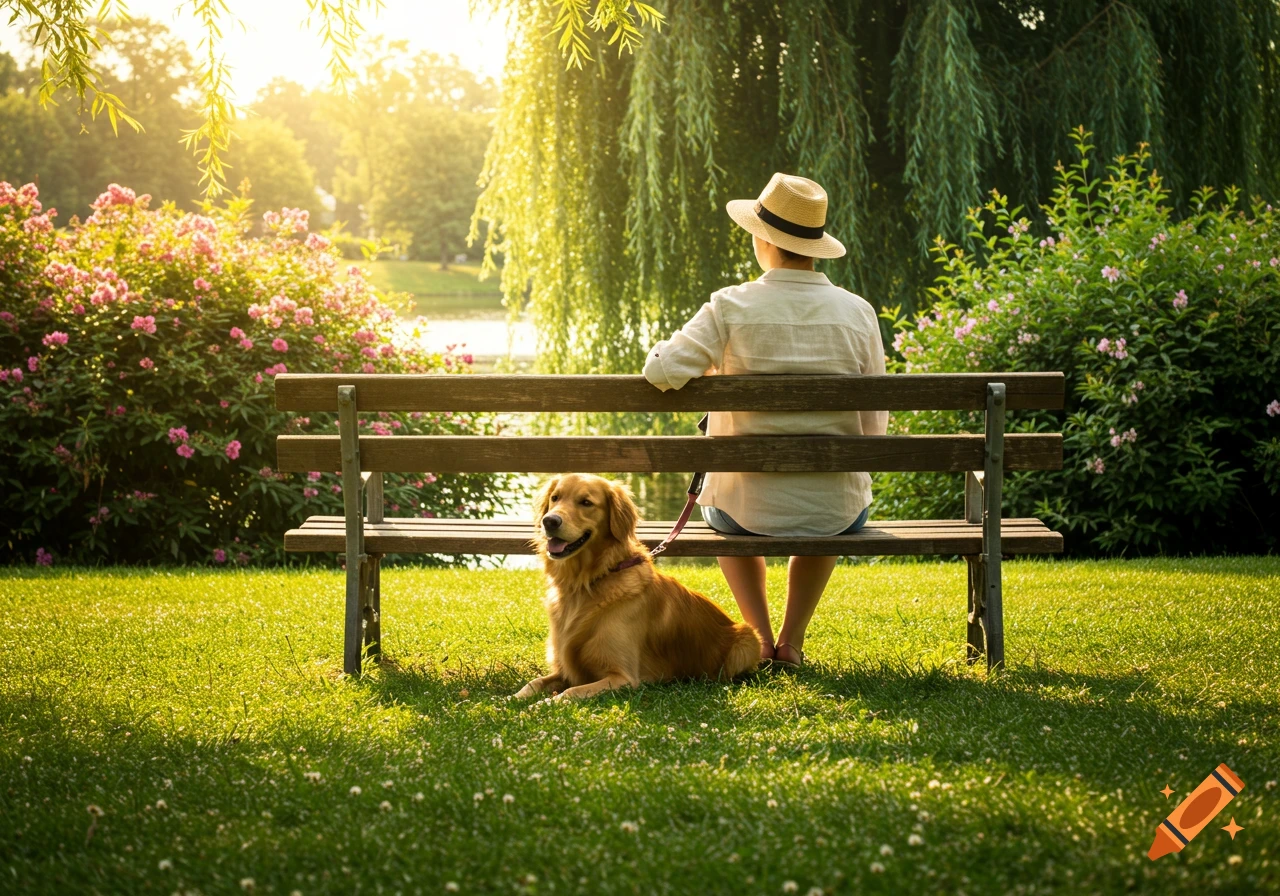 Photorealistic image of a person sitting on a park bench with a golden retriever on a sunny day.