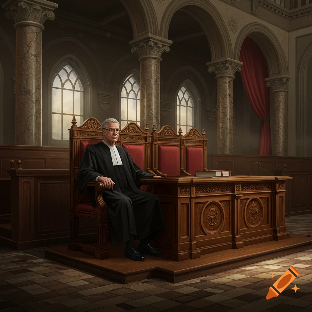 A photorealistic image of a judge in black robes sitting at a wooden desk in a grand courtroom with high ceilings and arched windows.