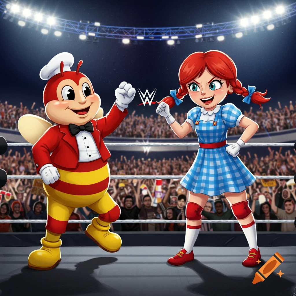 Cartoon of Jollibee and Wendy in a WWE wrestling ring, with a cheering crowd in the background.