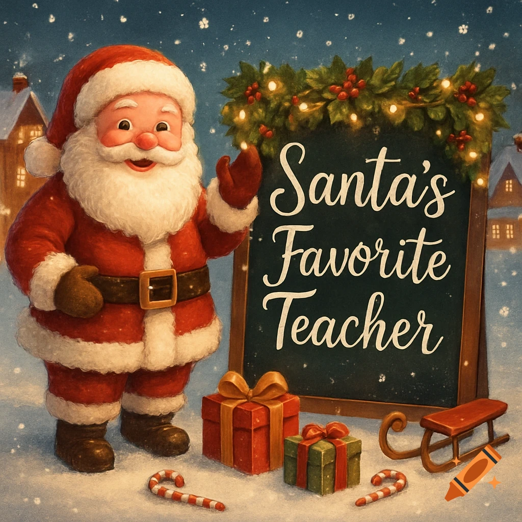 Cartoon Santa Claus stands in snow next to a blackboard reading 'Santa's Favorite Teacher' with presents, candy canes, and a sled.