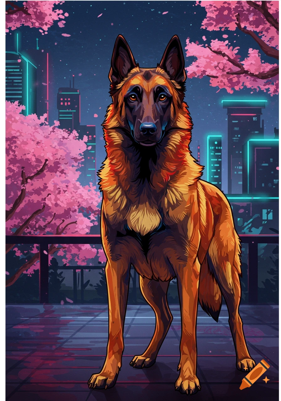 A vibrant 2D digital art image of a Belgian Malinois dog standing on a balcony overlooking a futuristic city with neon lights and pink cherry blossoms.