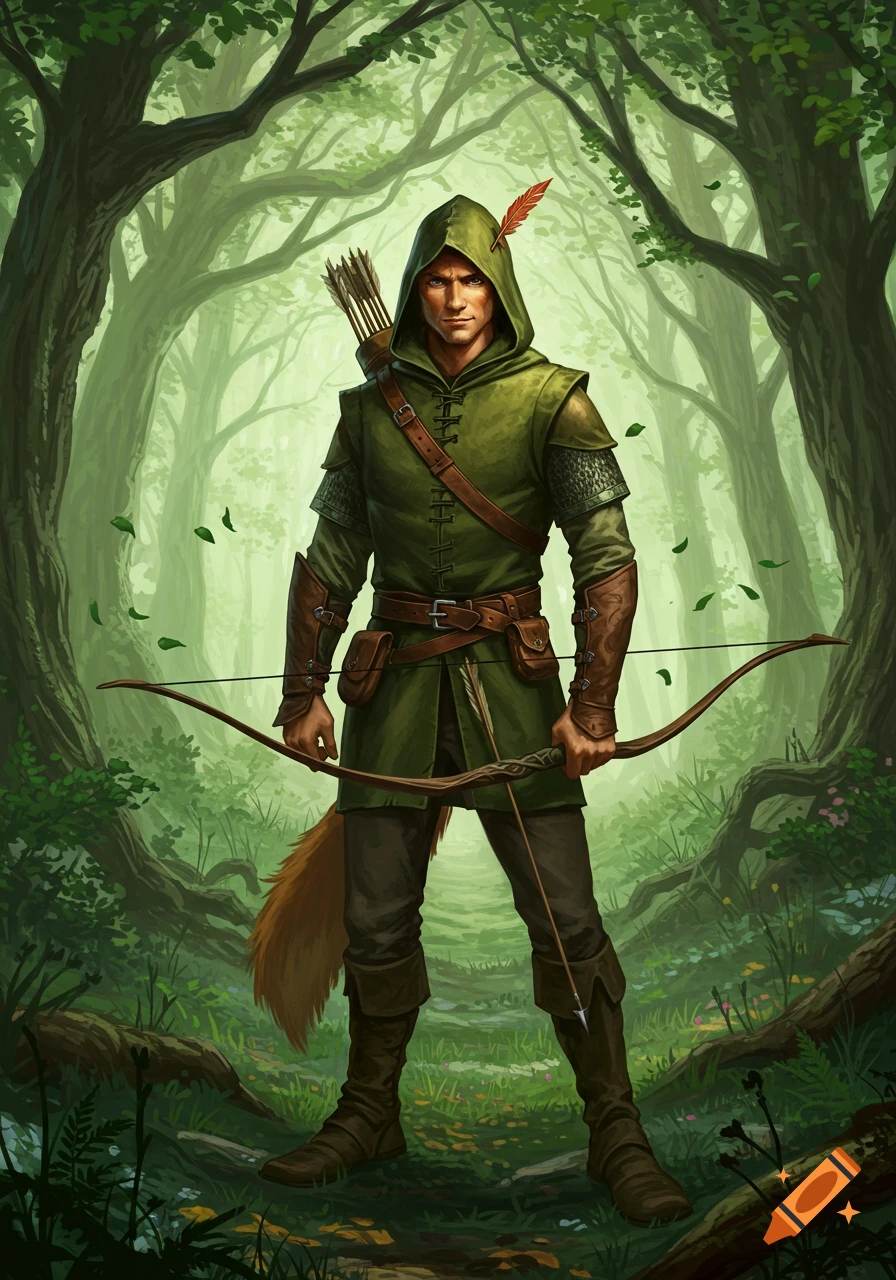 An archer in a green hooded tunic with a quiver of arrows stands in a lush, mystical forest, holding a bow.