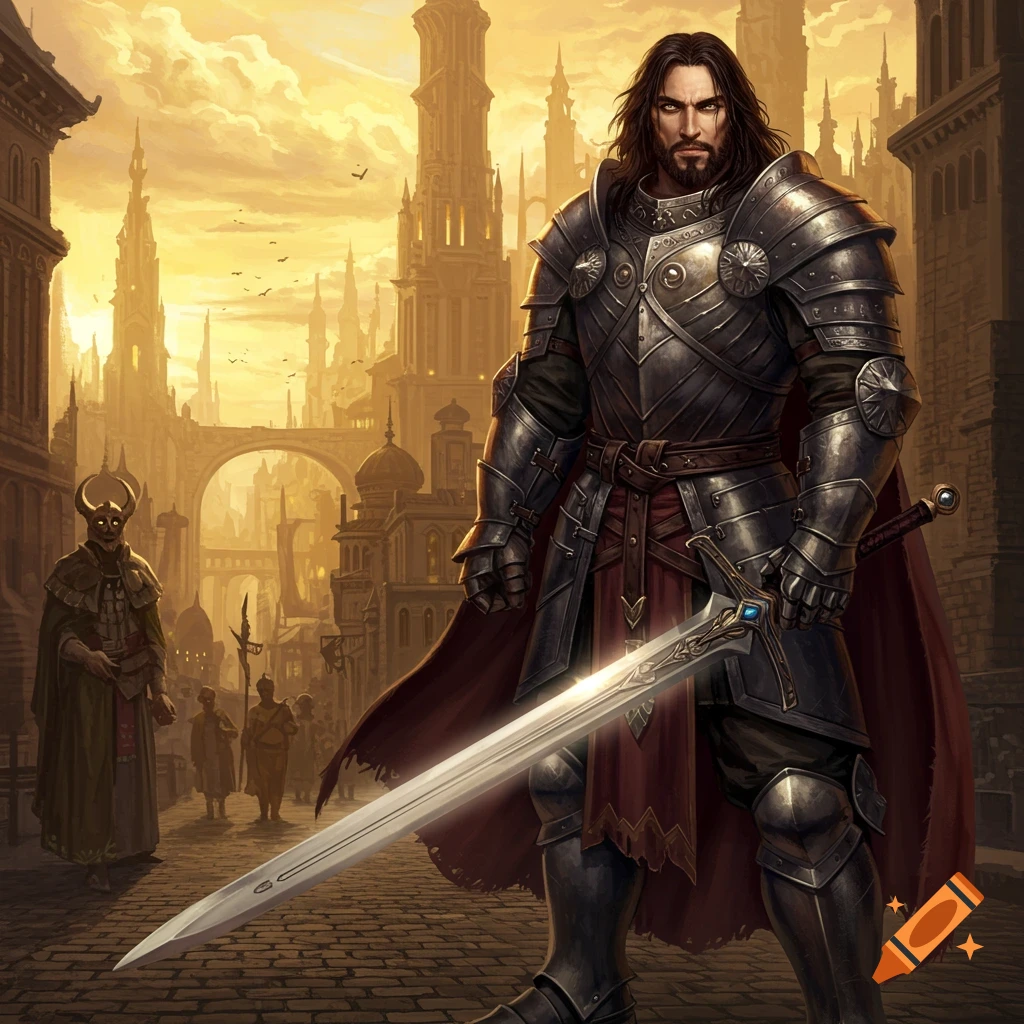 A knight in ornate armor with a sword stands in a golden-lit fantasy city, with a horned figure in the background.