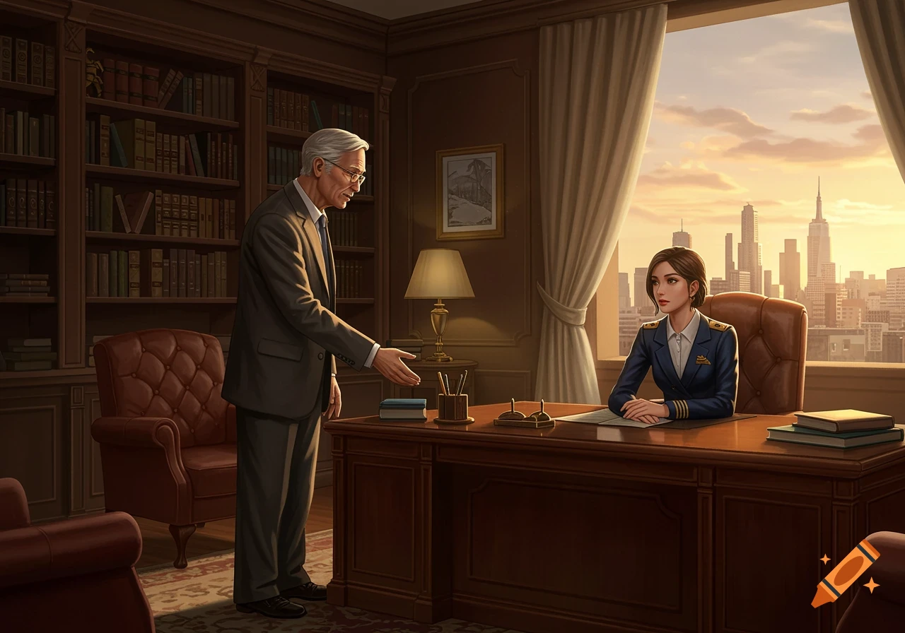 An older man in a suit gestures towards a young woman in uniform at a desk in a lavish office with a city skyline at sunset, digital painting.