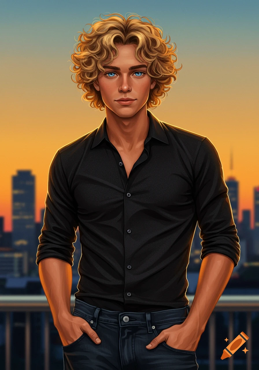 A stylized illustration of an older teen male with curly blonde hair and blue eyes, wearing a black shirt and jeans, against a sunset cityscape background.