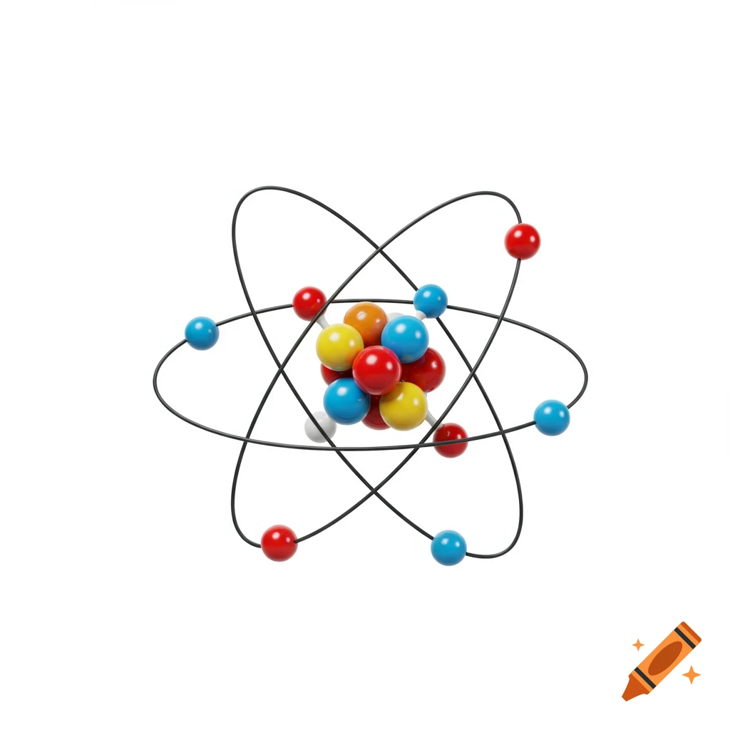 A colorful, simplified model of an atom with orbiting electrons and a central nucleus on a white background.