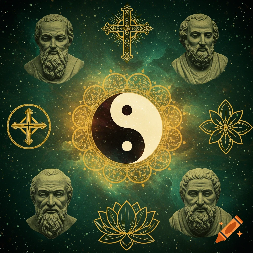 A collage of busts of philosophers and various religious and philosophical symbols, including a Yin-Yang, crosses, and lotus flowers, against a starry green background.