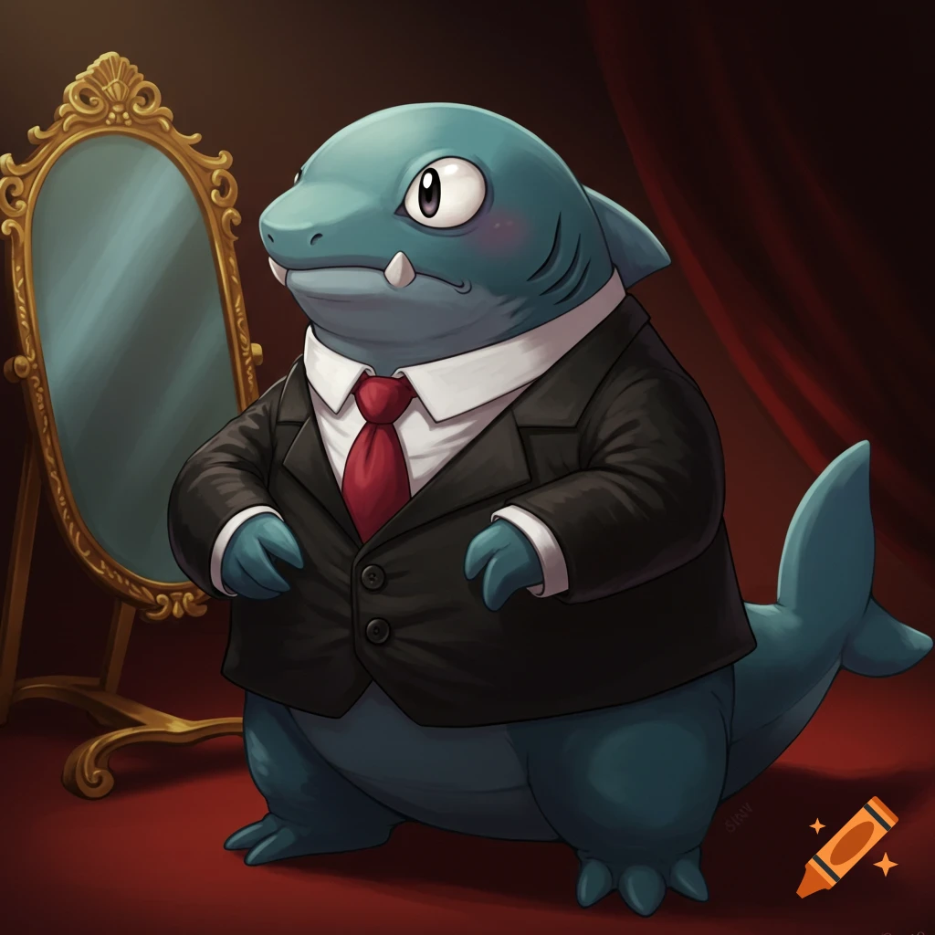 A confused Gible, a blue shark-like Pokemon, stands in a black suit with a red tie, looking at a gold-framed mirror in a dimly lit room.