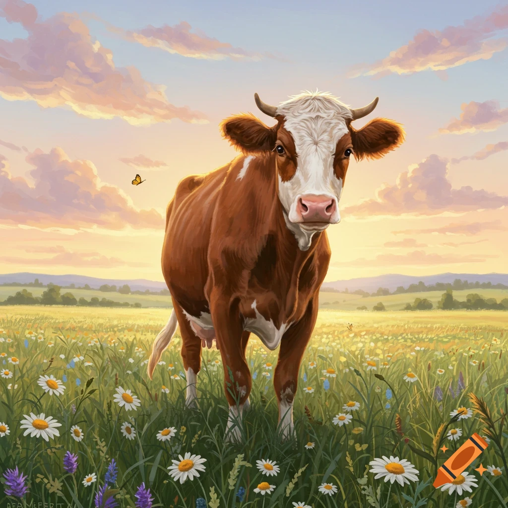 A brown and white cow stands in a field of daisies at sunrise or sunset, with a butterfly in the distance. Digital painting.