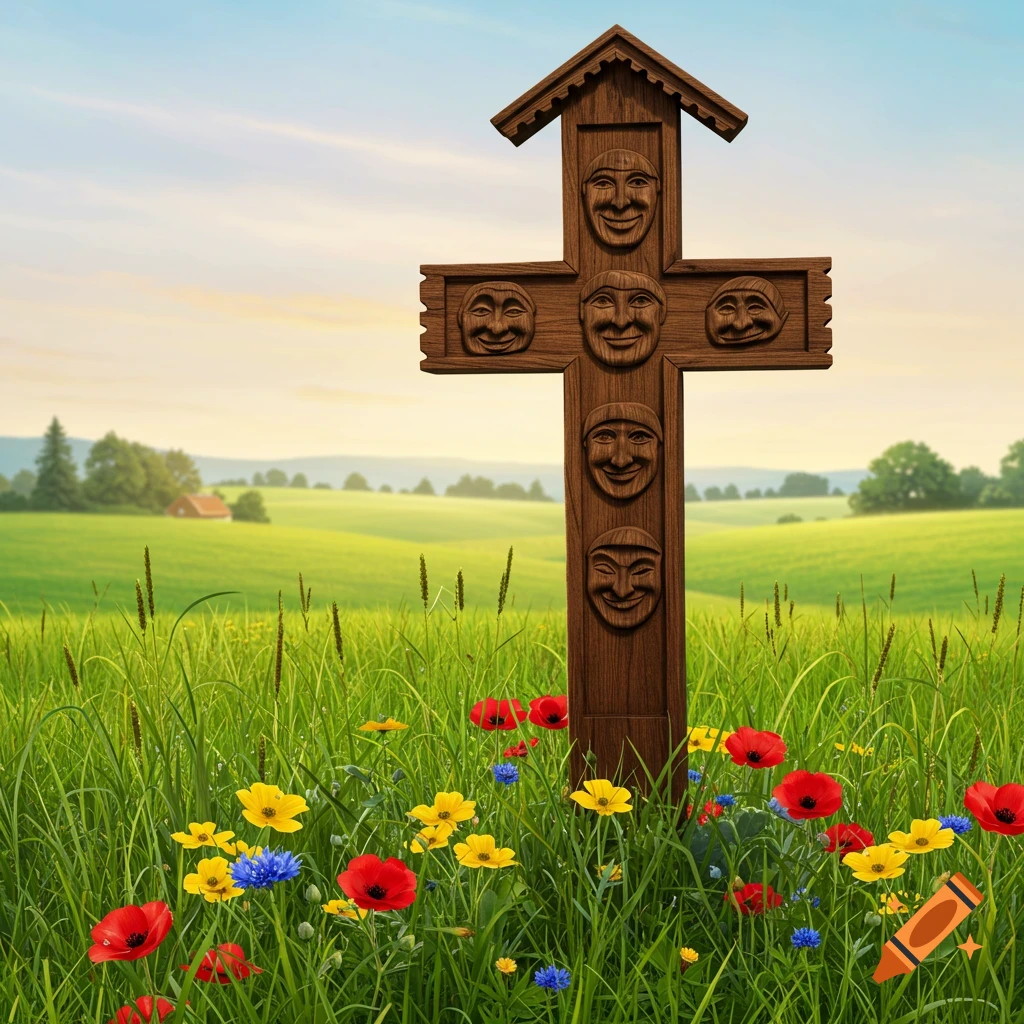 A wooden cross with carved smiling faces stands in a vibrant green field with red, yellow, and blue wildflowers, under a bright sky.