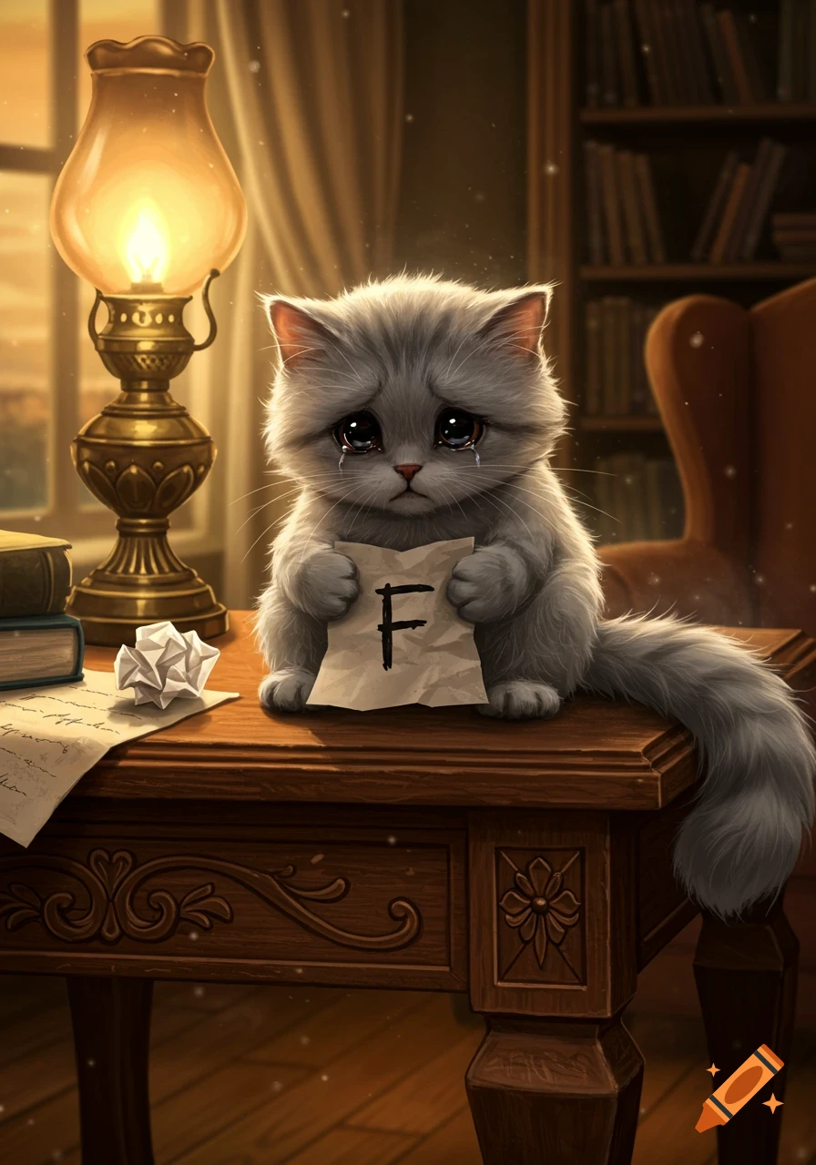 A fluffy gray kitten with sad, teary eyes sits on a wooden desk, holding a paper with a large 'F'. A glowing lamp is next to it.