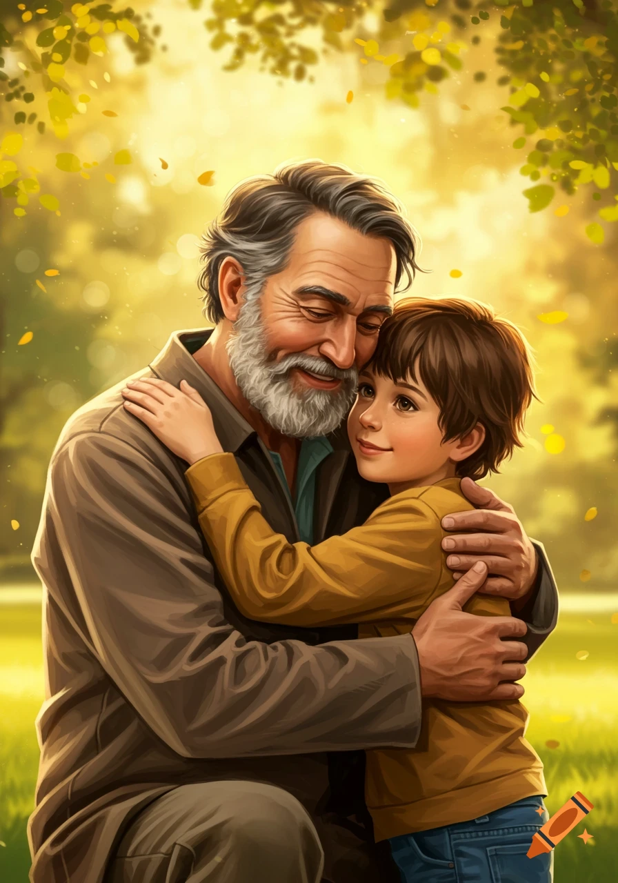 An illustration of a smiling older man with a beard hugging a young boy under yellow autumn leaves.