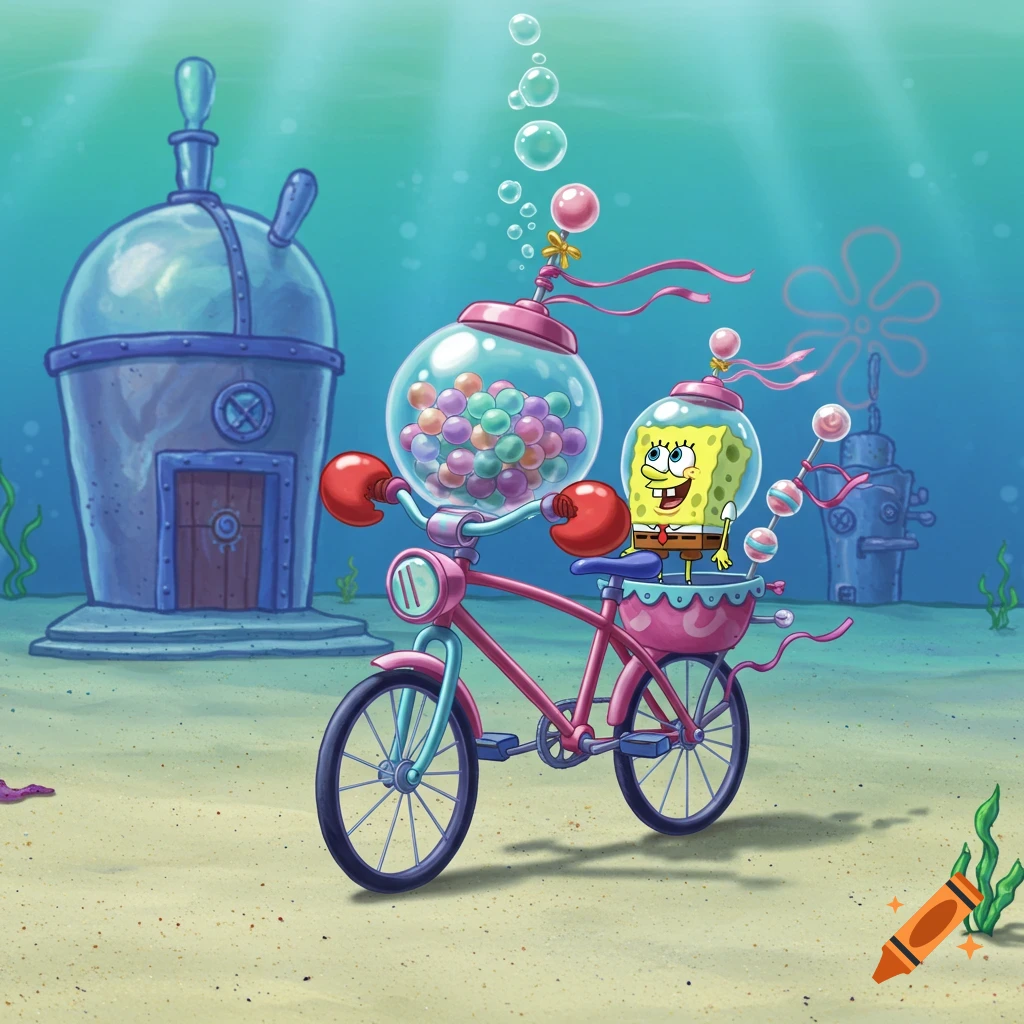 Spongebob Squarepants on a pink bicycle with gumball machine elements underwater near an igloo-like house.