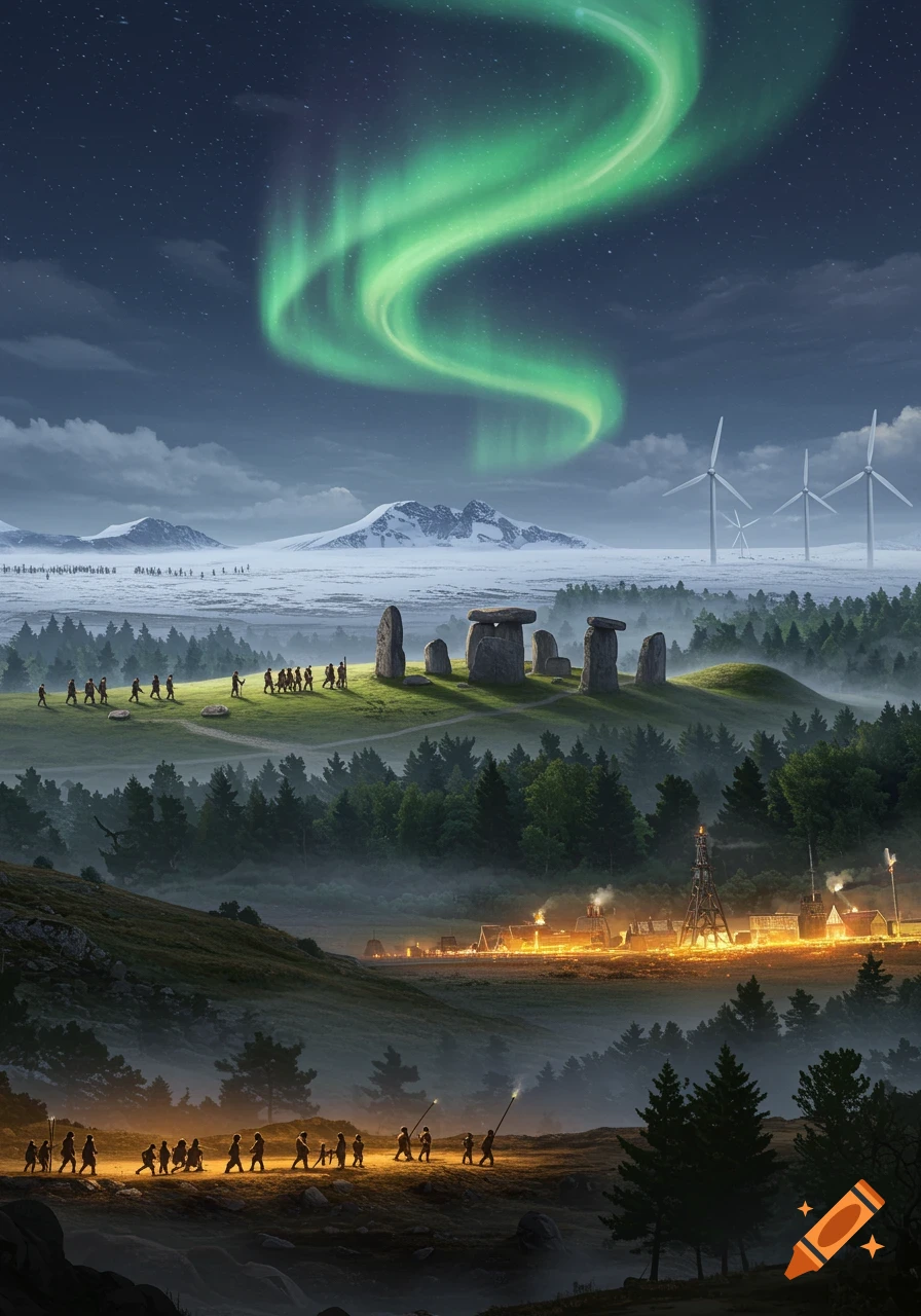 A panoramic night landscape showing various historical eras: aurora borealis over megaliths with people, modern wind turbines, and an illuminated settlement.