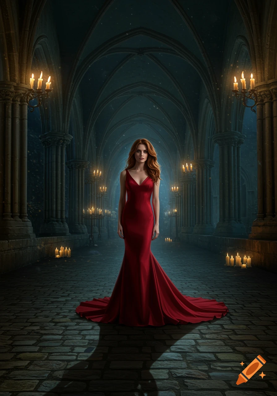 A woman in a flowing red gown stands in a dimly lit, gothic arched hallway lined with flickering candles, photorealistic style.