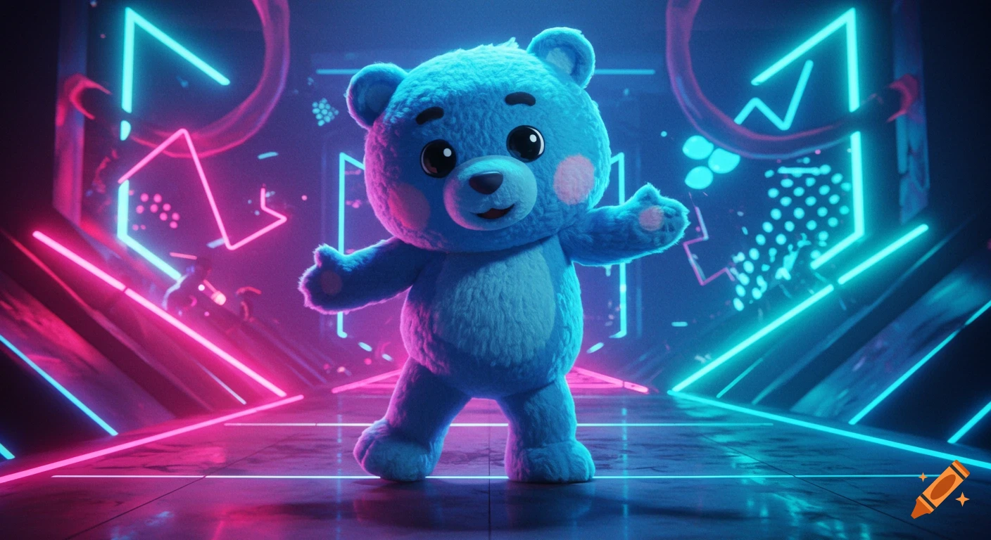 A fluffy blue bear mascot dancing in a vibrant futuristic setting with pink and blue neon lights.