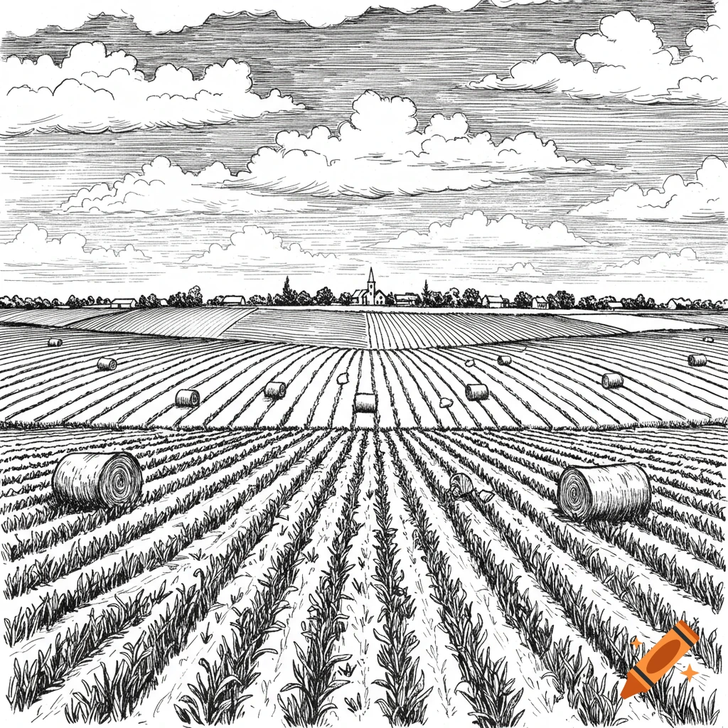 Black and white sketch of rolling farmland with rows of crops, hay bales, and a distant town under a cloudy sky.