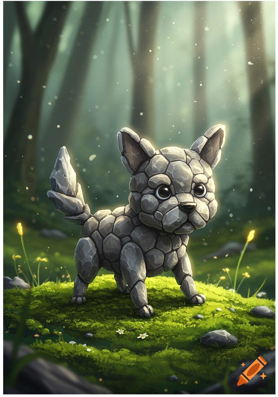 A cute cartoon-style dog made of grey stones stands on a mossy green forest floor, with soft light filtering through trees in the background.