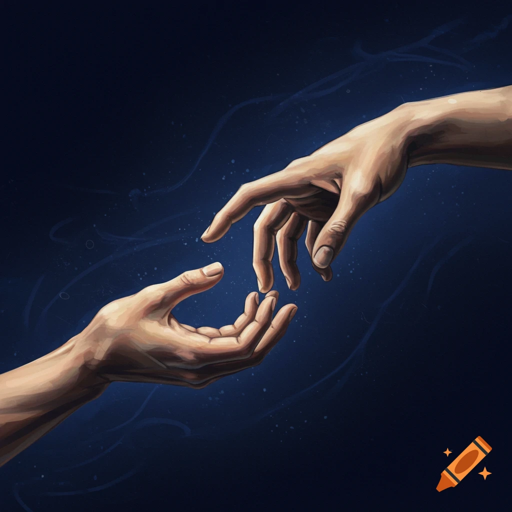 Two hands with outstretched fingers reaching towards each other against a dark blue, painterly background.