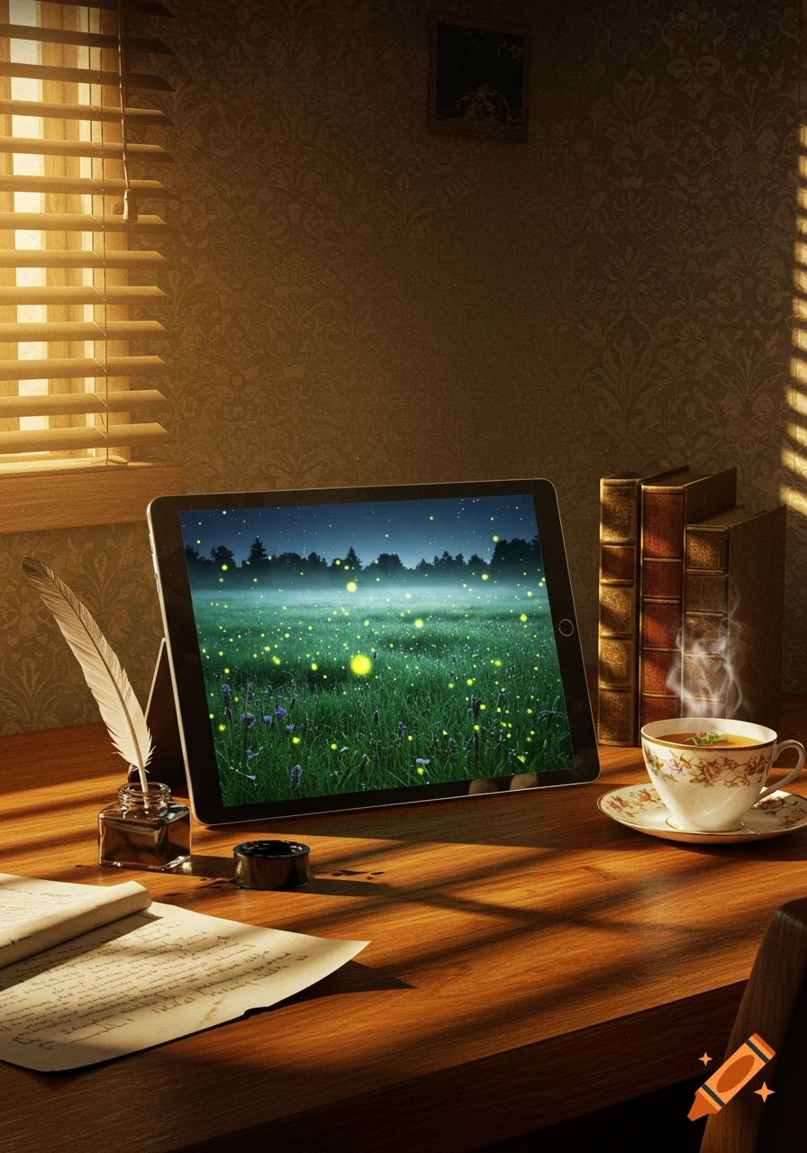 A cozy desk scene with a tablet displaying a firefly field, a quill, books, and a teacup, bathed in sunlight.