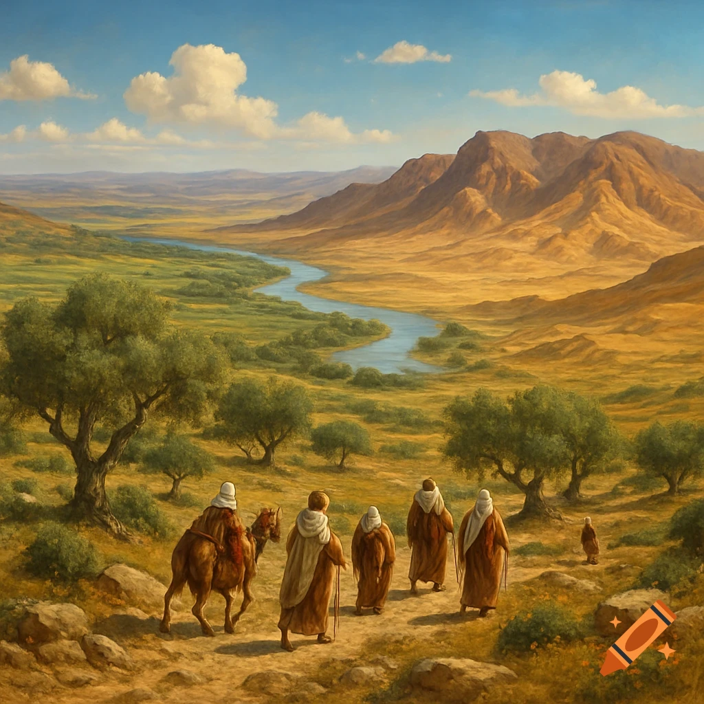 Travelers and a camel walk along a path in a verdant river valley with arid mountains under a blue sky, painted style.