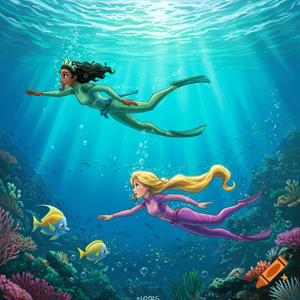 Animated illustration of Tiana and Rapunzel scuba diving through a vibrant coral reef, bathed in sunbeams.