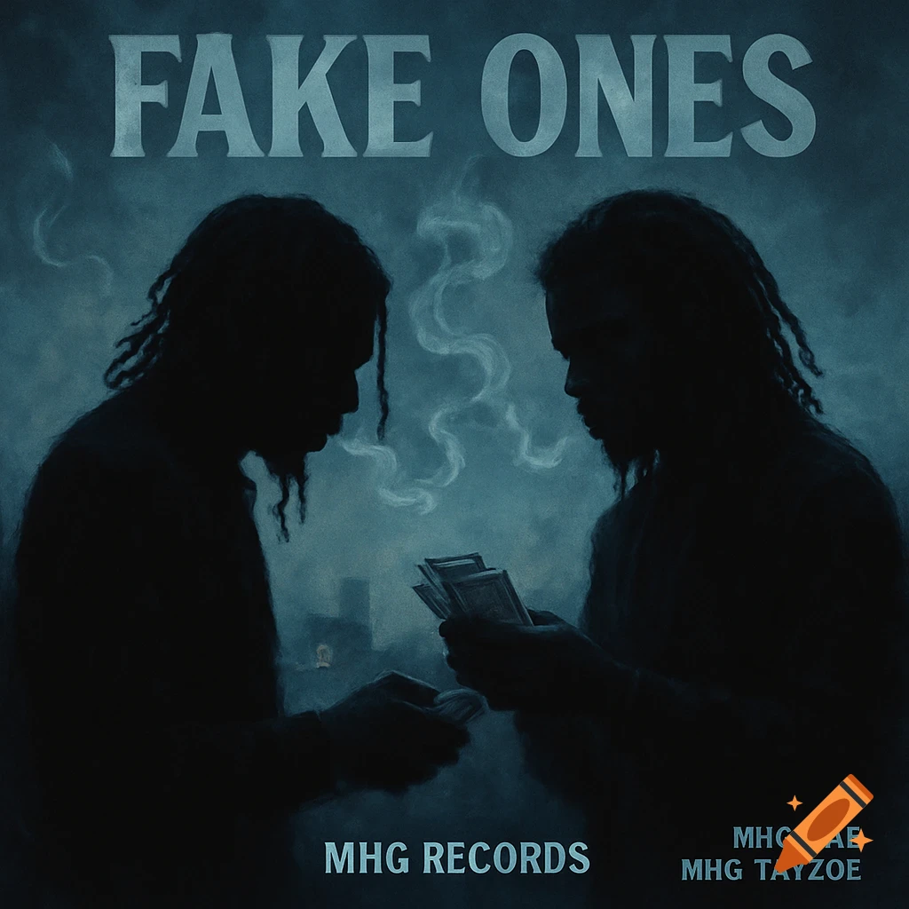 Album cover art featuring two silhouetted men with dreadlocks exchanging money in a smoky, blue-tinted scene. Text reads 'FAKE ONES', 'MHG RECORDS', 'MHG RAE', 'MHG TAYZOE'.