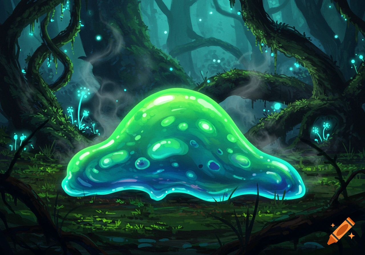 A glowing green and blue translucent slime creature rests on the dark forest floor, surrounded by bioluminescent blue plants and gnarled, moss-covered trees.