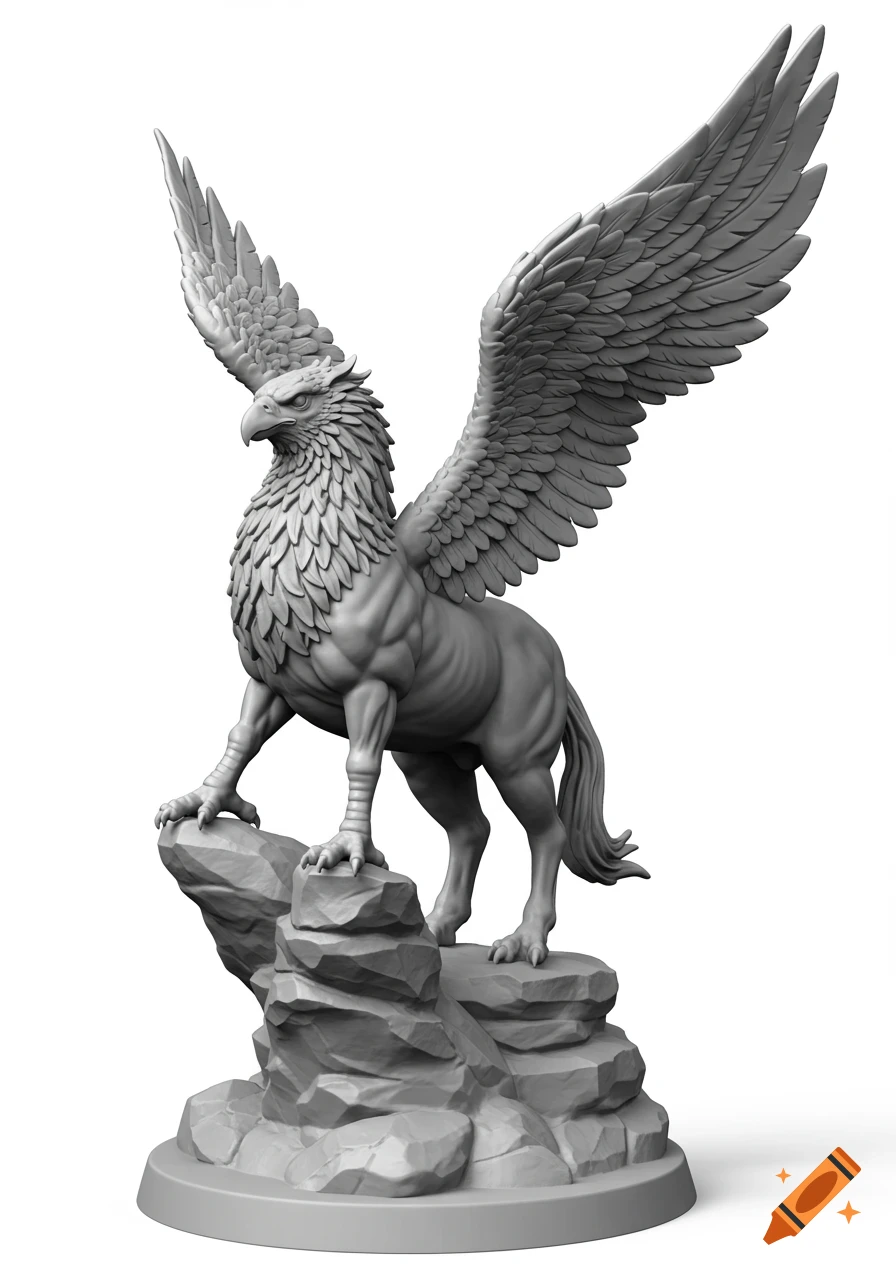 A grayscale 3D rendered statue of a majestic hippogriff standing on a rocky cliff base with its wings spread.