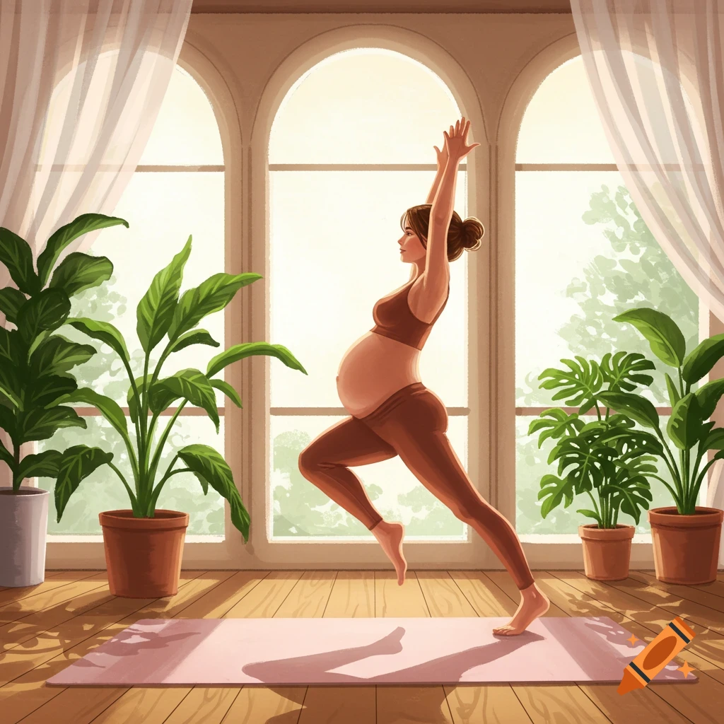 Illustration of a pregnant woman doing yoga on a pink mat in a bright room with arched windows and plants.