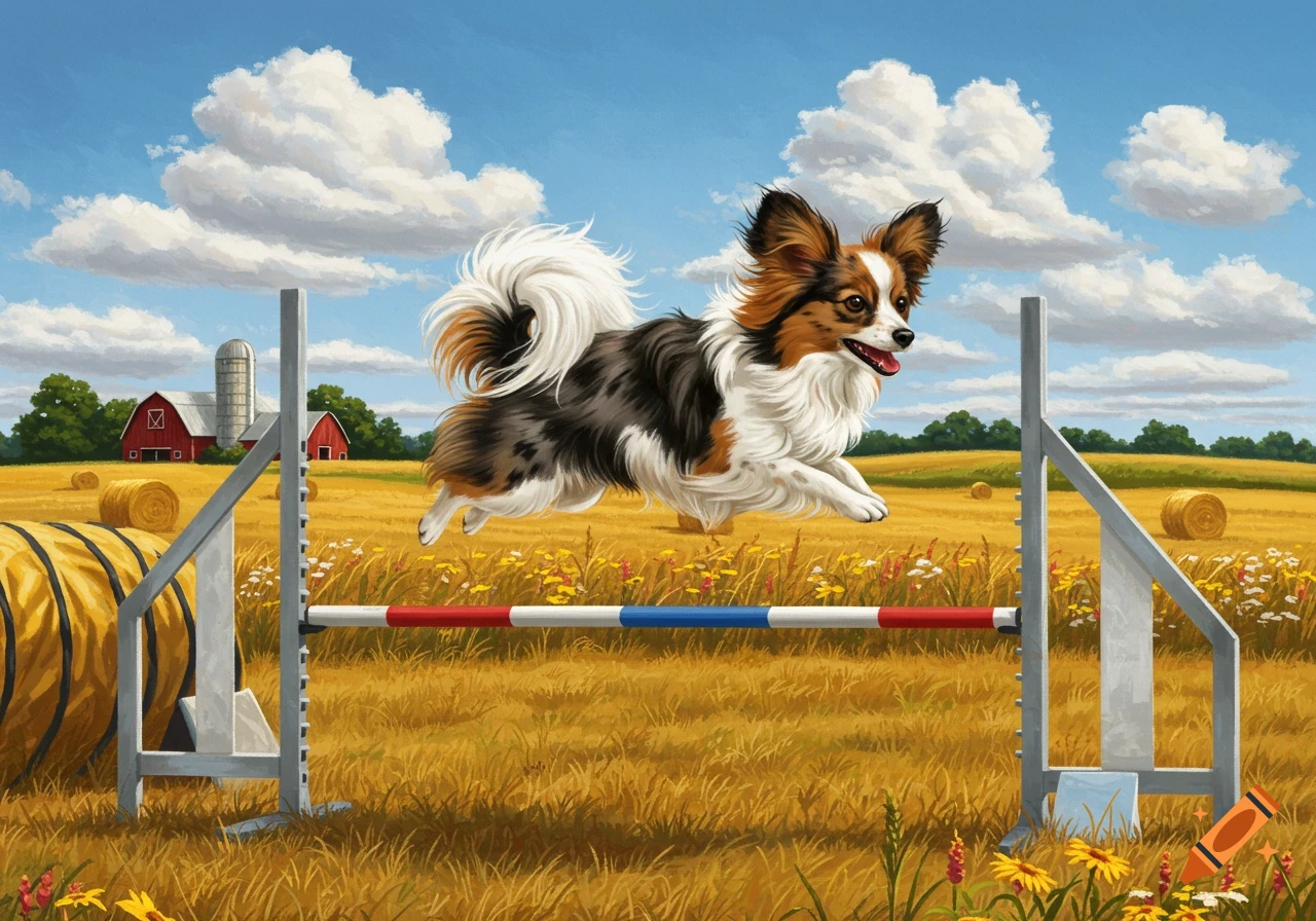 A tri-color Papillon dog leaps over an agility hurdle in a golden field with a red barn, silo, and hay bales under a blue sky.