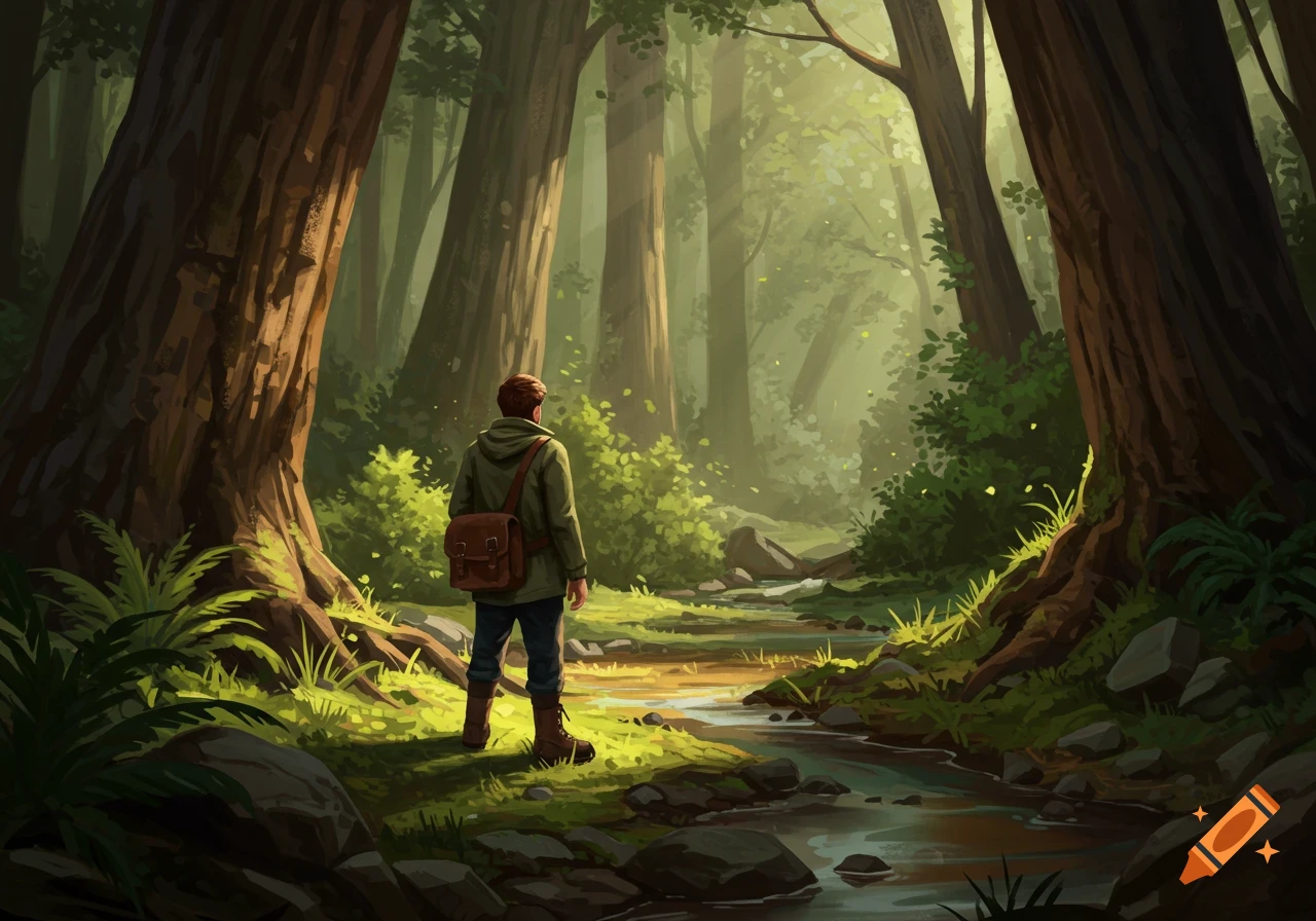 Winding path through enchanting forest with dappled sunlight
