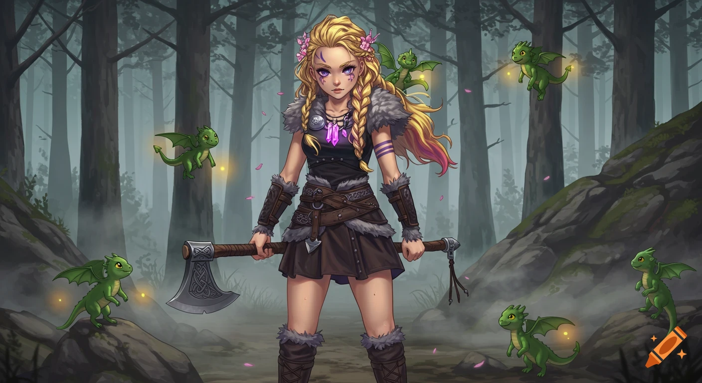 An anime girl dressed as a Viking warrior, with long blonde hair and purple eyes, holds a double-sided axe in a misty forest, surrounded by small green dragons.