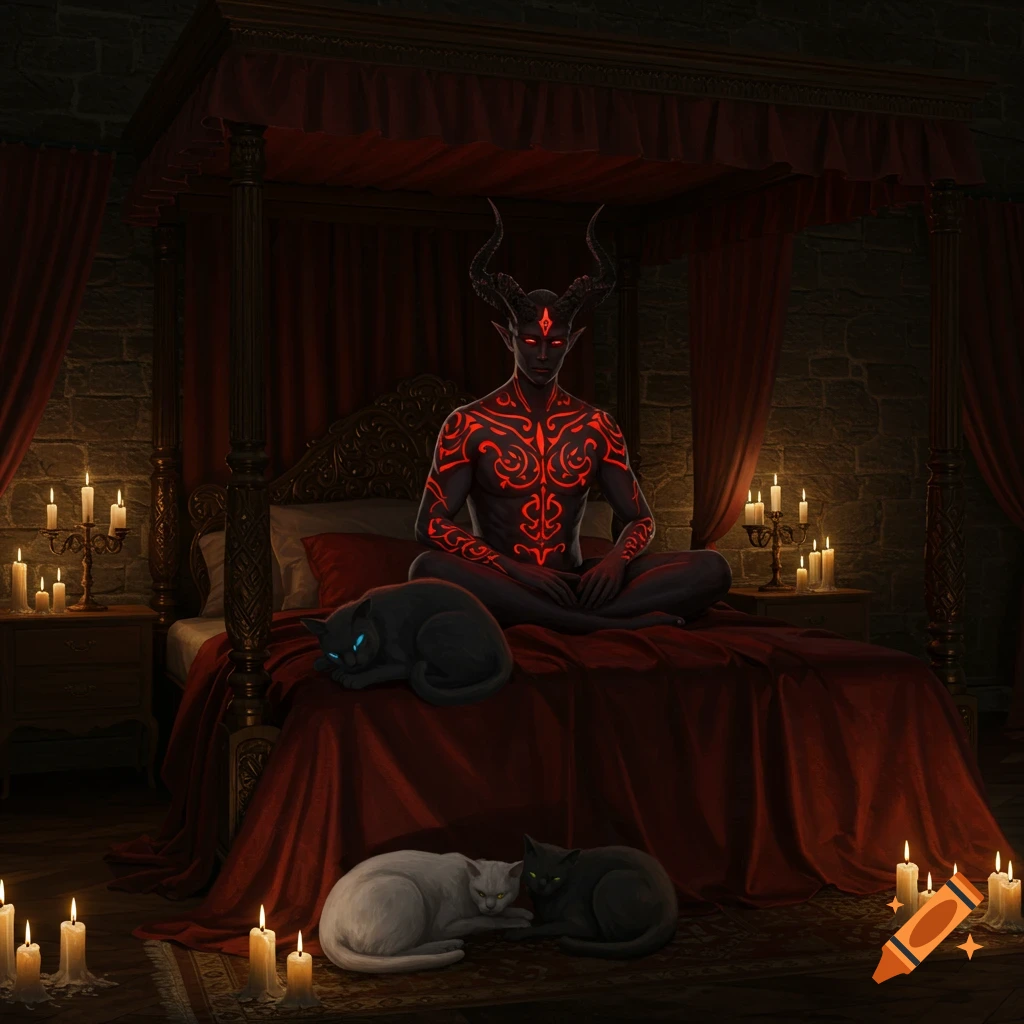 A horned demon with glowing red patterns sits on a red four-poster bed with a black cat, two other cats on the floor, surrounded by candles.
