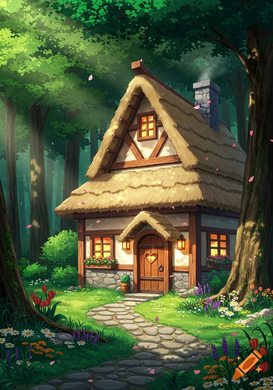 A charming anime-style cottage with a thatched roof, glowing windows, and a heart on the door, nestled in a vibrant forest with a stone path.