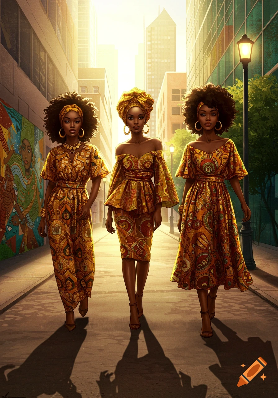 Three African American women in vibrant, patterned outfits walk down a sunny city street with buildings and a mural.