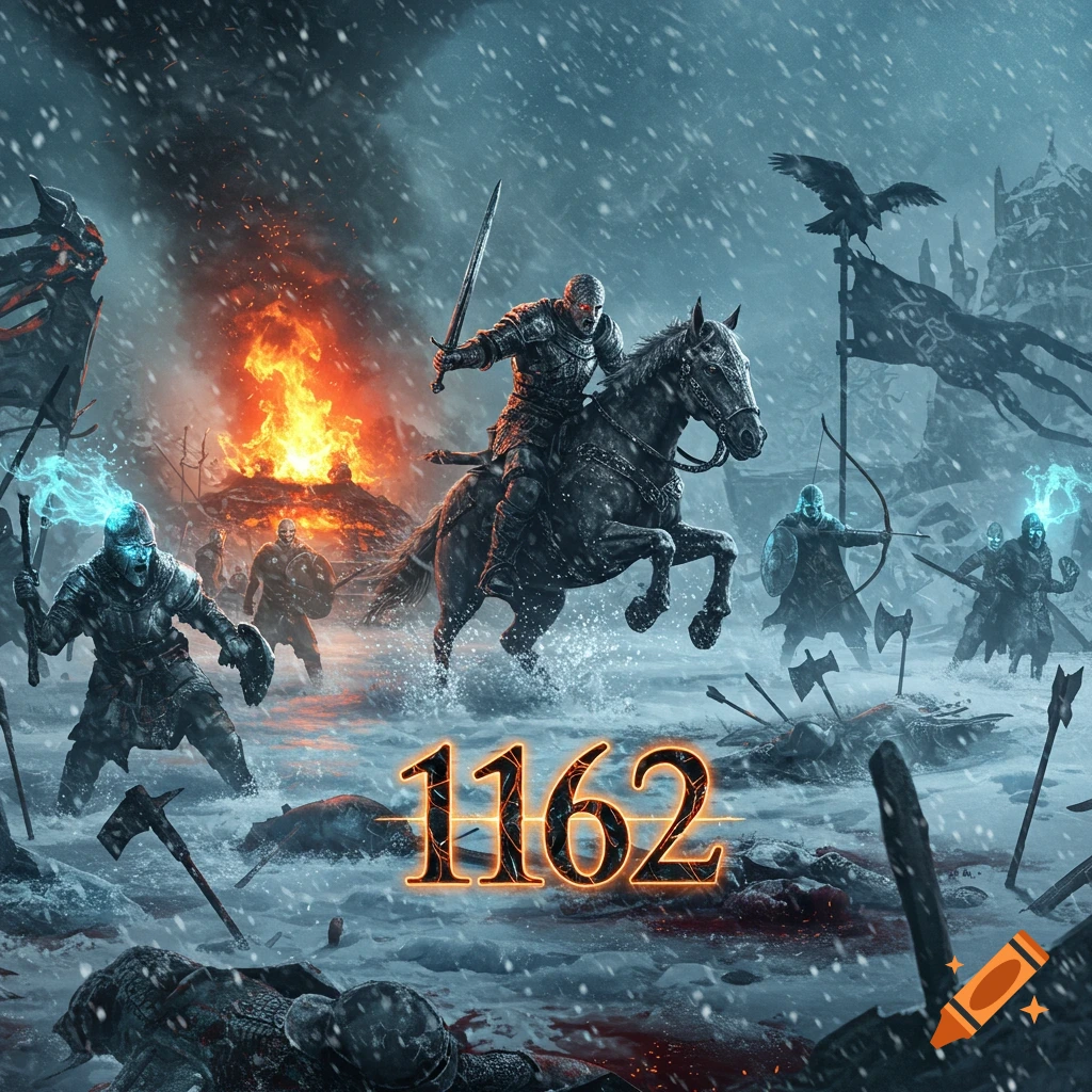 A fierce, cinematic fantasy battle in a blizzard, with a knight on a rearing warhorse and glowing warriors surrounded by fallen foes on a snowy field, centered around a large glowing number "1162".