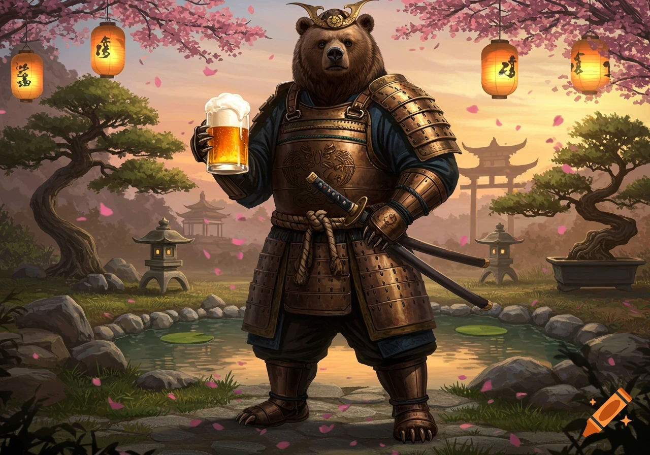 A brown bear in golden samurai armor holds a beer in a Japanese garden with cherry blossoms and lanterns.
