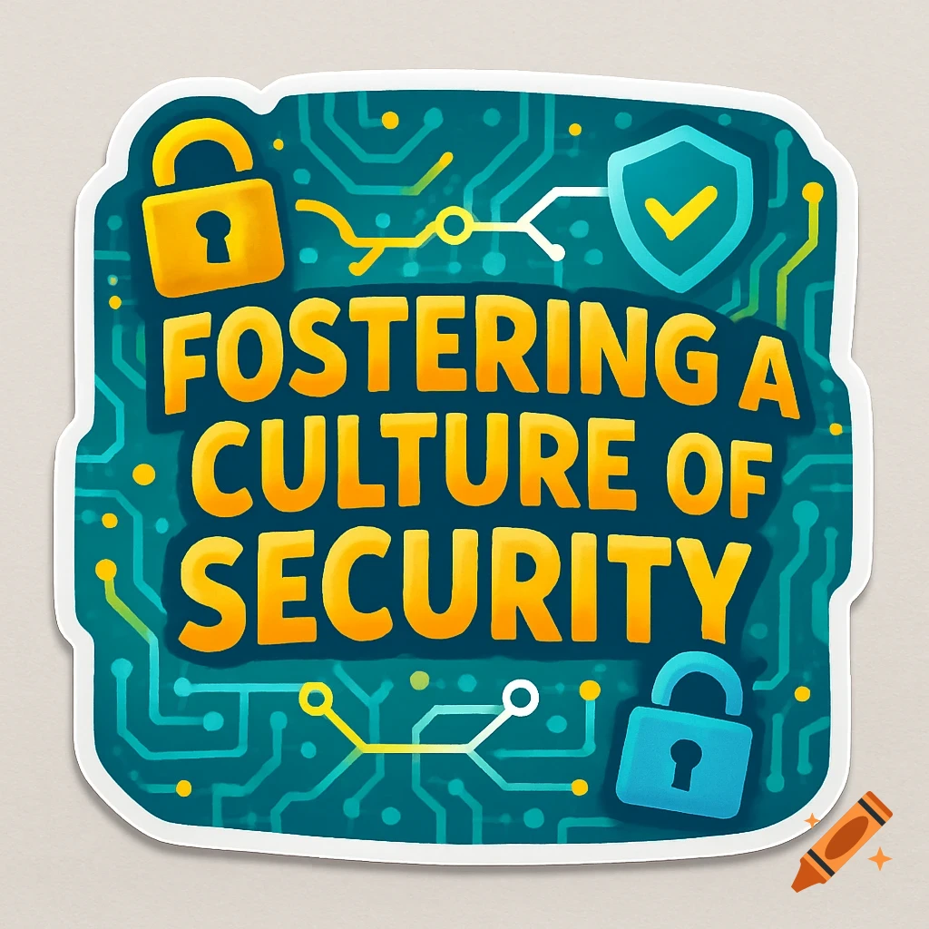 A cartoon sticker on a light background with the text Fostering a Culture of Security, featuring two locks and a shield icon over a circuit board pattern.