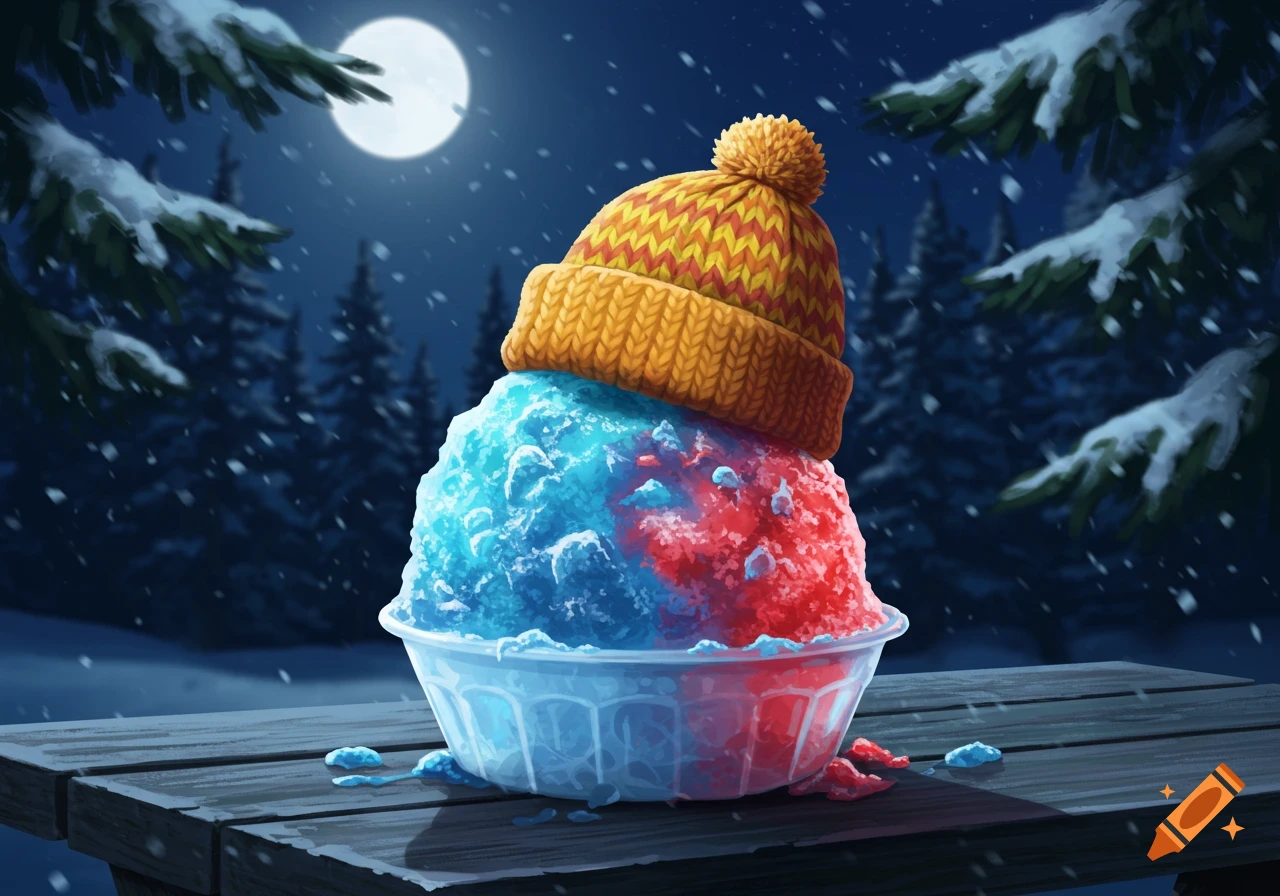 A colorful snow cone wearing a yellow and orange beanie sits on a wooden table in a snowy winter night under a full moon.