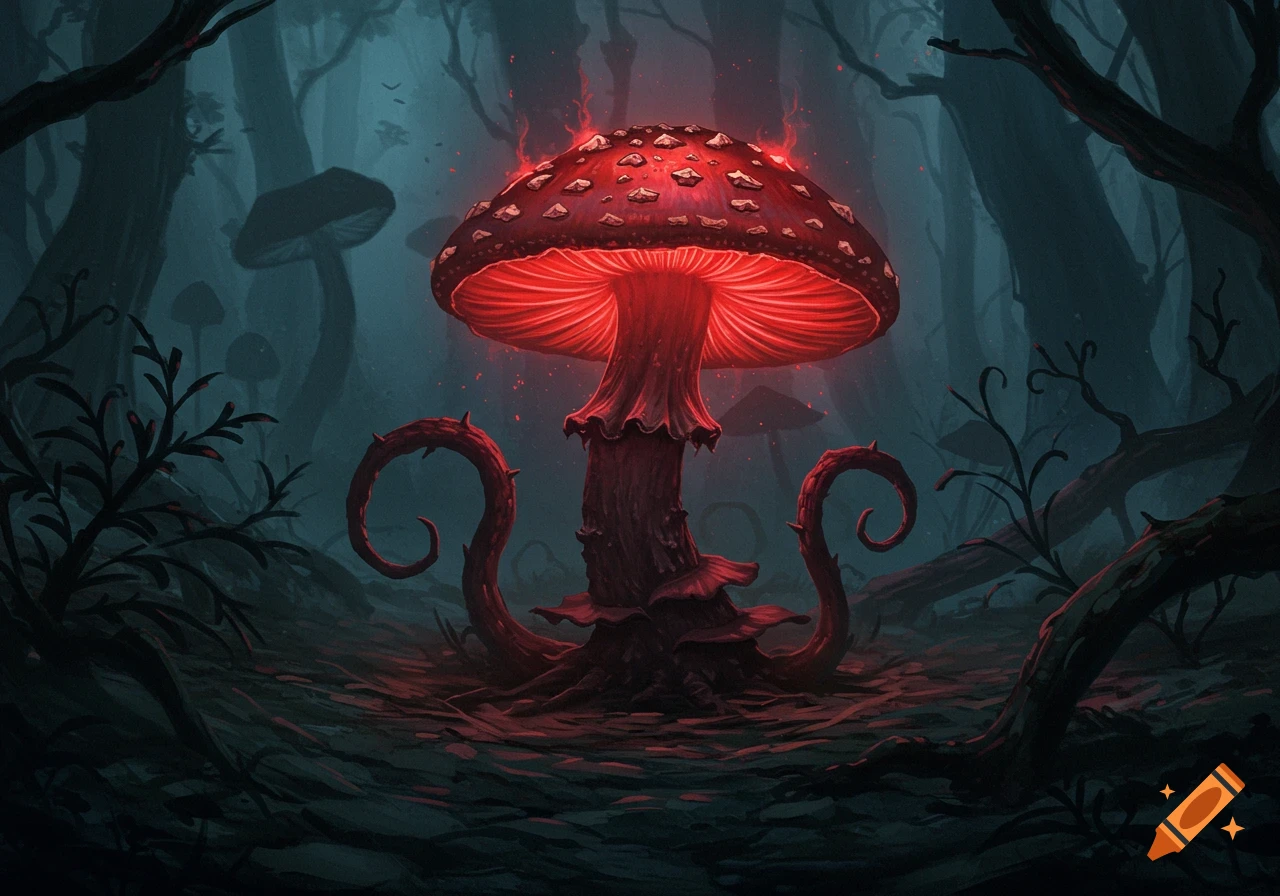 A large, glowing red mushroom with thorny tendrils stands in a dark, eerie fantasy forest.