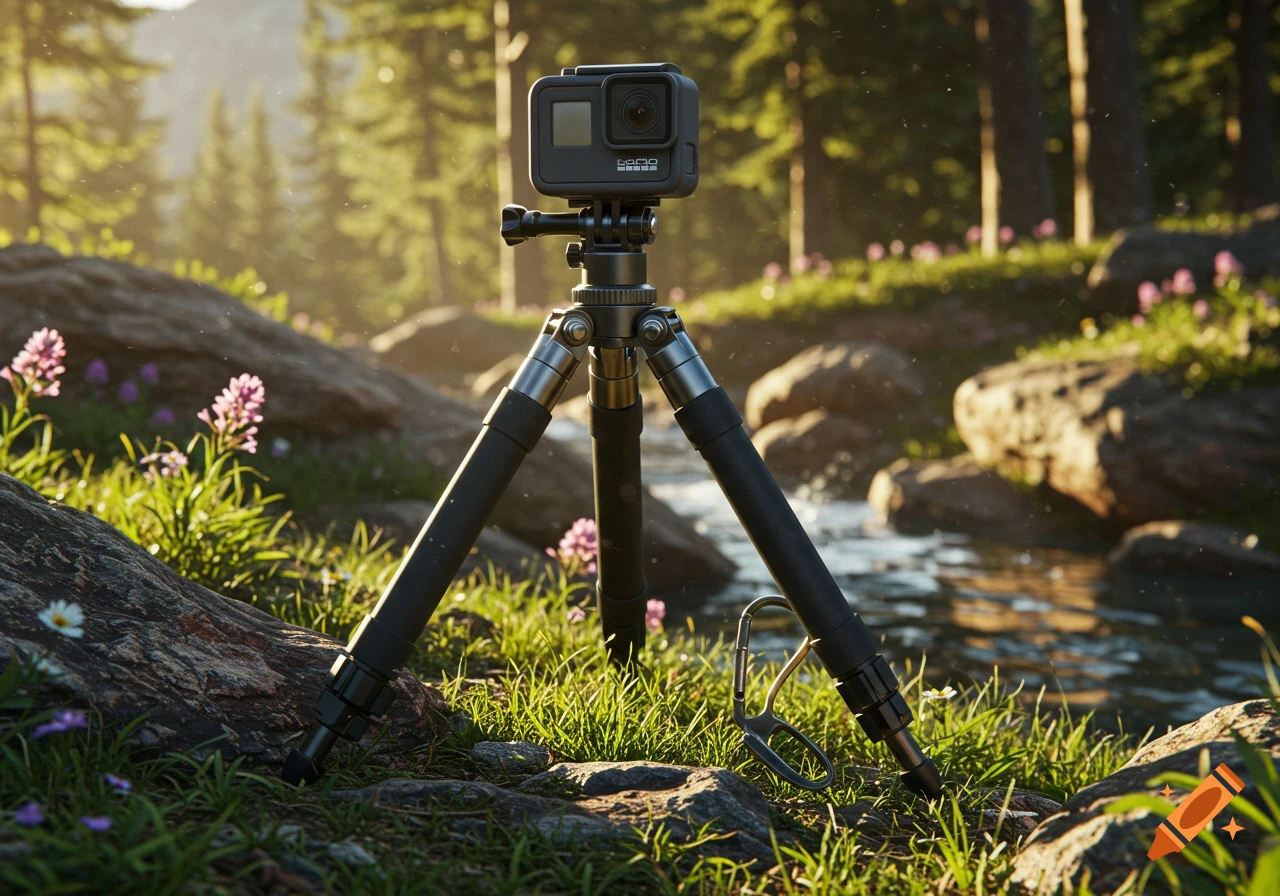 A GoPro camera on a tripod in a sunlit forest next to a stream with small flowers.